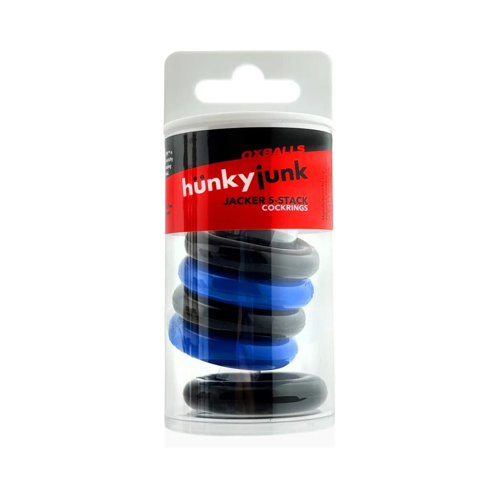 Hunkyjunk Jacker 5-Stack Five-Pack Tube Super-Strong Cockrings Blue/Black thumbnail 5